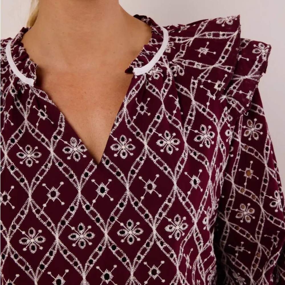 Women's Burgundy Patterned Ruffle Top - Picture 2 of 7